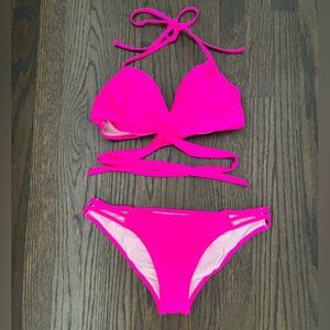 Victoria’s Secret Hot Pink Wrap Halter and Strappy Cheeky Bikini